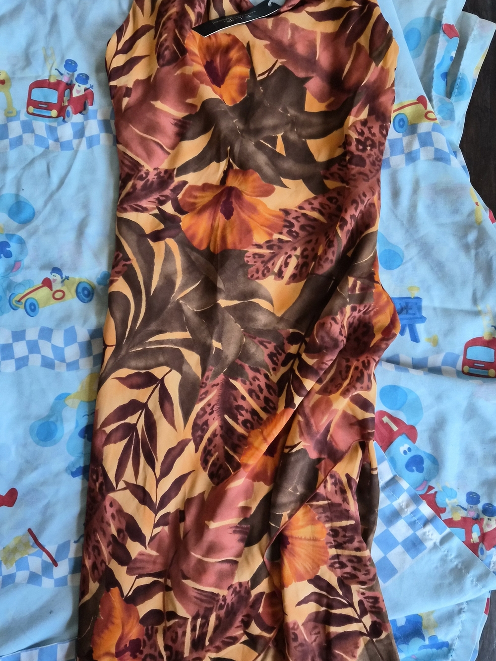 Tropical Floral Satin Slip Dress in Burnt Orange & Chocolate